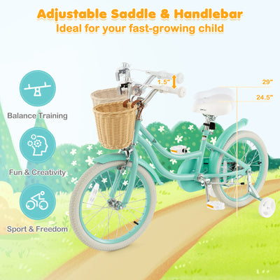 18-Inch Kids Bike with Training Wheels and Adjustable Handlebar Seat-Green