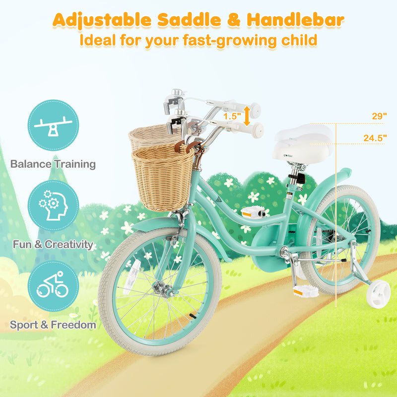 18-Inch Kids Bike with Training Wheels and Adjustable Handlebar Seat-Green