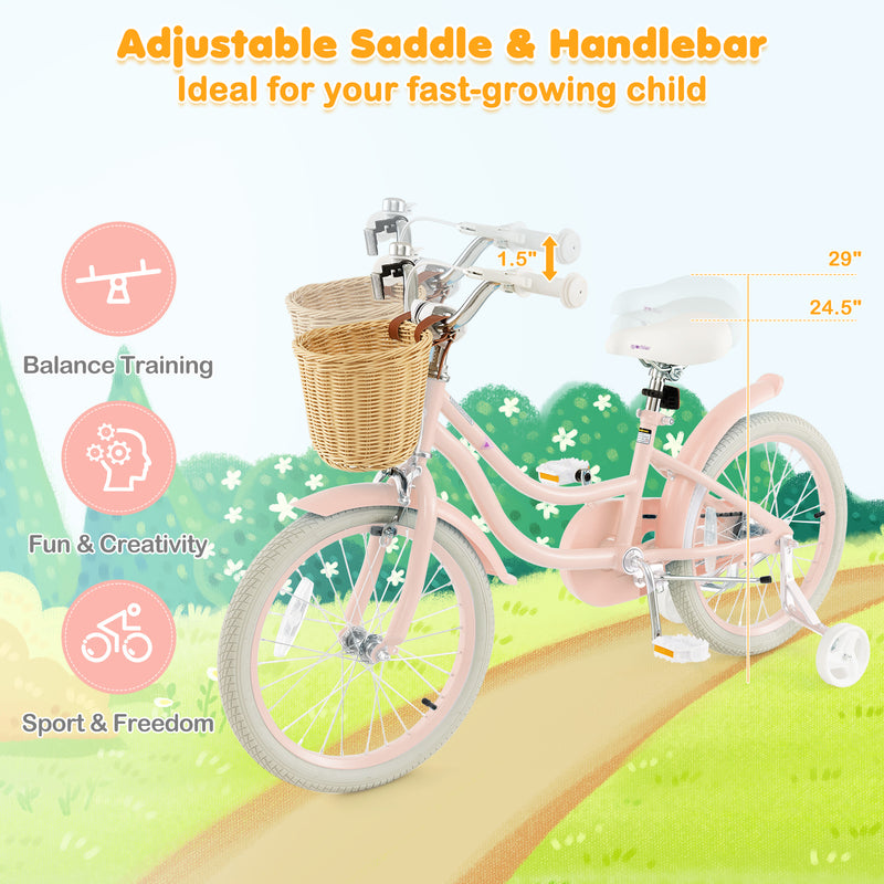 18-Inch Kids Bike with Training Wheels and Adjustable Handlebar Seat-Pink