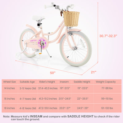 18-Inch Kids Bike with Training Wheels and Adjustable Handlebar Seat-Pink