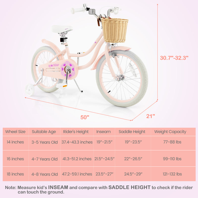 18-Inch Kids Bike with Training Wheels and Adjustable Handlebar Seat-Pink