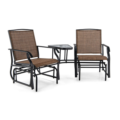 Double Swing Glider Rocker Chair set with Glass Table-Brown