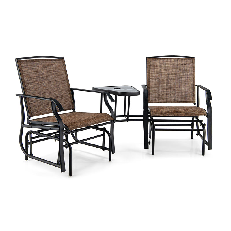 Double Swing Glider Rocker Chair set with Glass Table-Brown