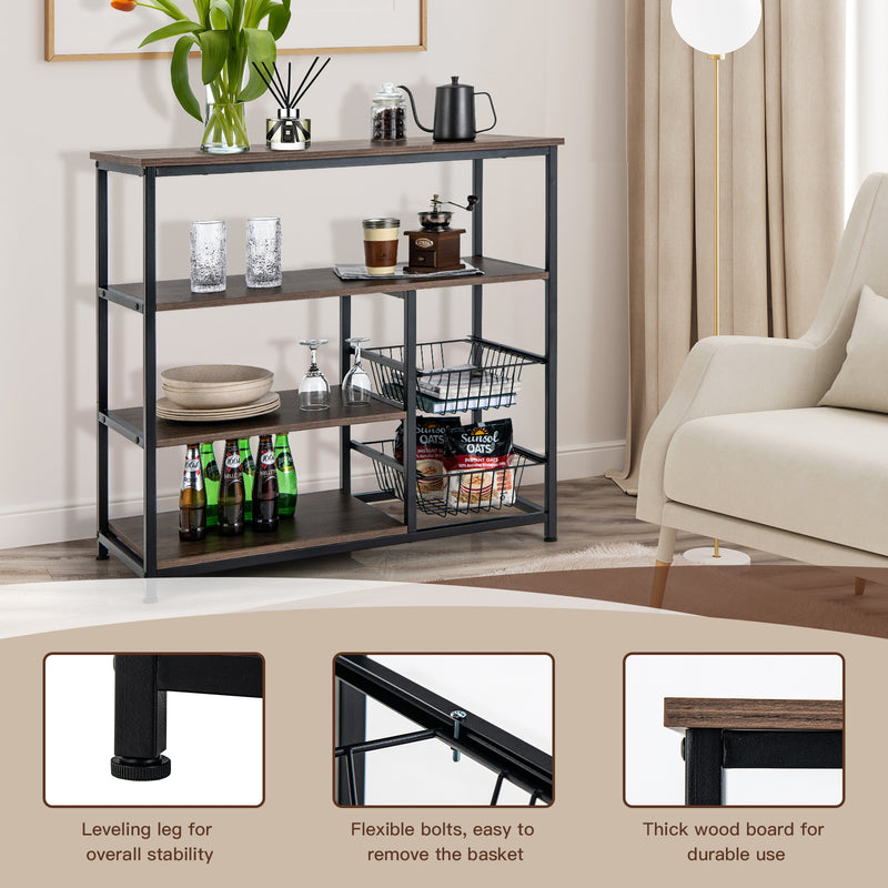 4-Tier Industrial Kitchen Baker's Rack with 2 Wire Baskets-Rustic Brow