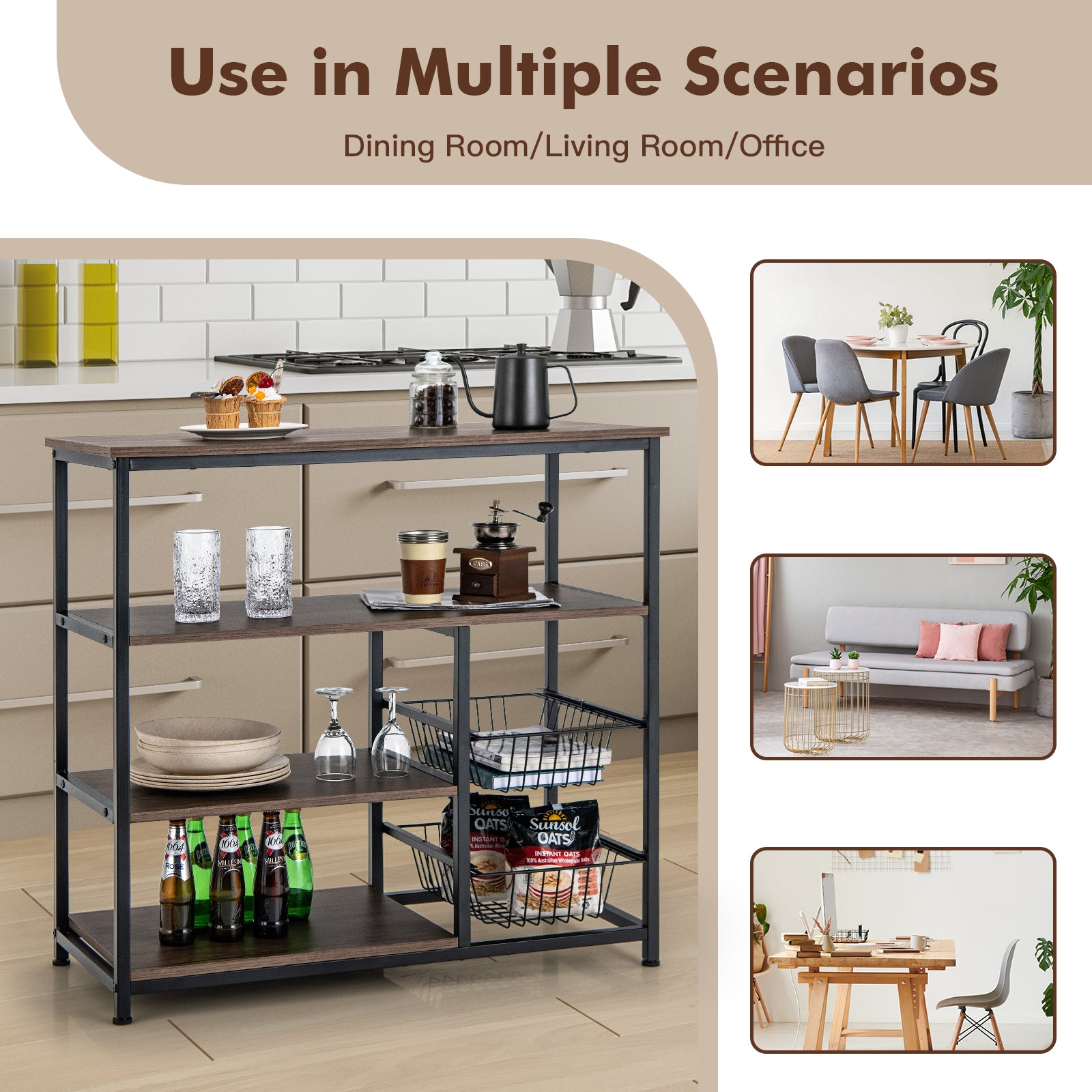 4-Tier Industrial Kitchen Baker's Rack with 2 Wire Baskets-Rustic Brow