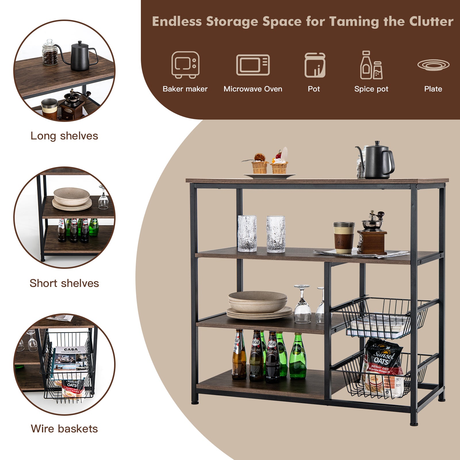 4-Tier Industrial Kitchen Baker's Rack with 2 Wire Baskets-Rustic Brow