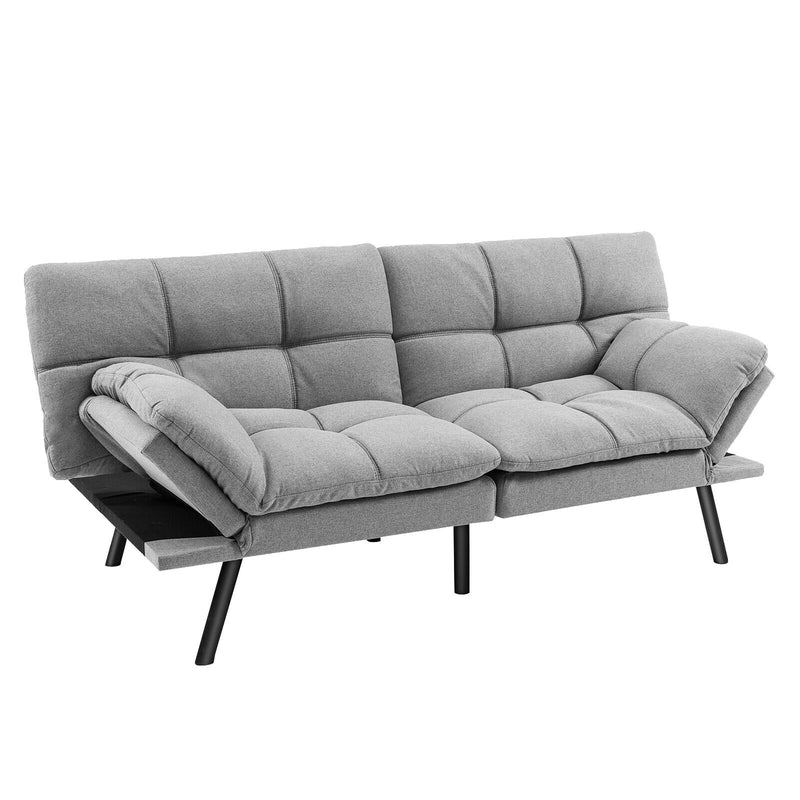 *Convertible Memory Foam Futon Sofa Bed with Adjustable Armrest - Gray