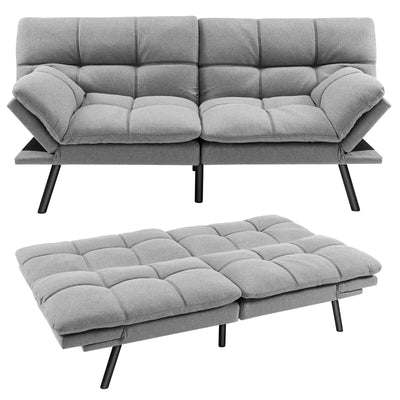 *Convertible Memory Foam Futon Sofa Bed with Adjustable Armrest - Gray