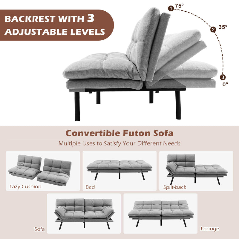 *Convertible Memory Foam Futon Sofa Bed with Adjustable Armrest - Gray