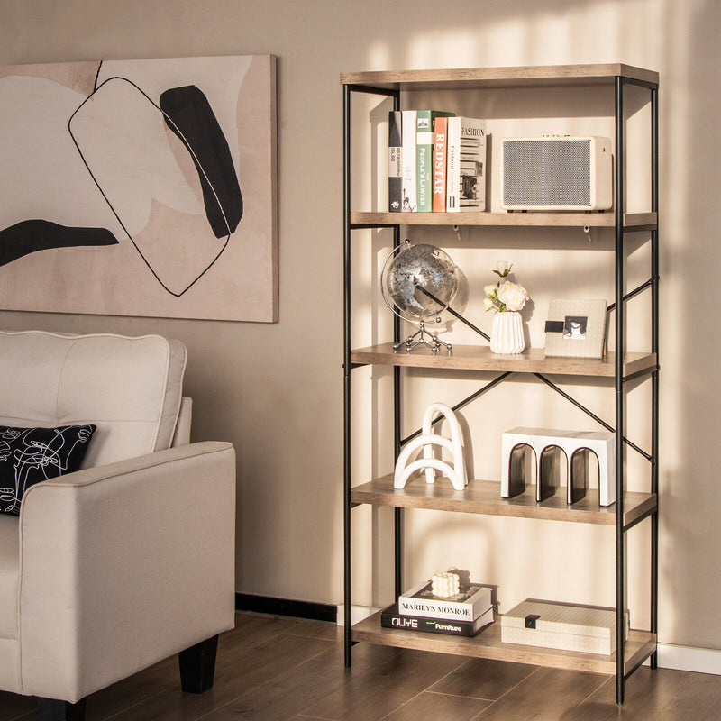 *5-Tier Industrial Bookshelf Display Storage Rack with Metal Frame - Gray