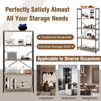 *5-Tier Industrial Bookshelf Display Storage Rack with Metal Frame - Gray