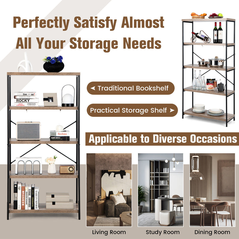 *5-Tier Industrial Bookshelf Display Storage Rack with Metal Frame - Gray