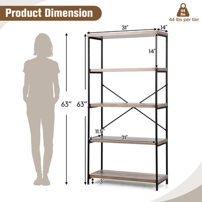 *5-Tier Industrial Bookshelf Display Storage Rack with Metal Frame - Gray