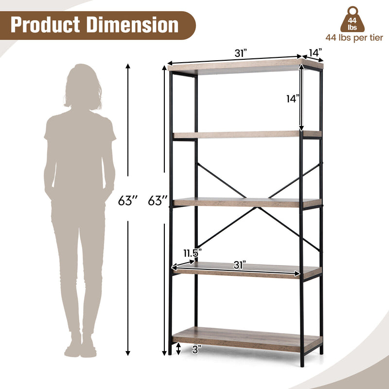 *5-Tier Industrial Bookshelf Display Storage Rack with Metal Frame - Gray