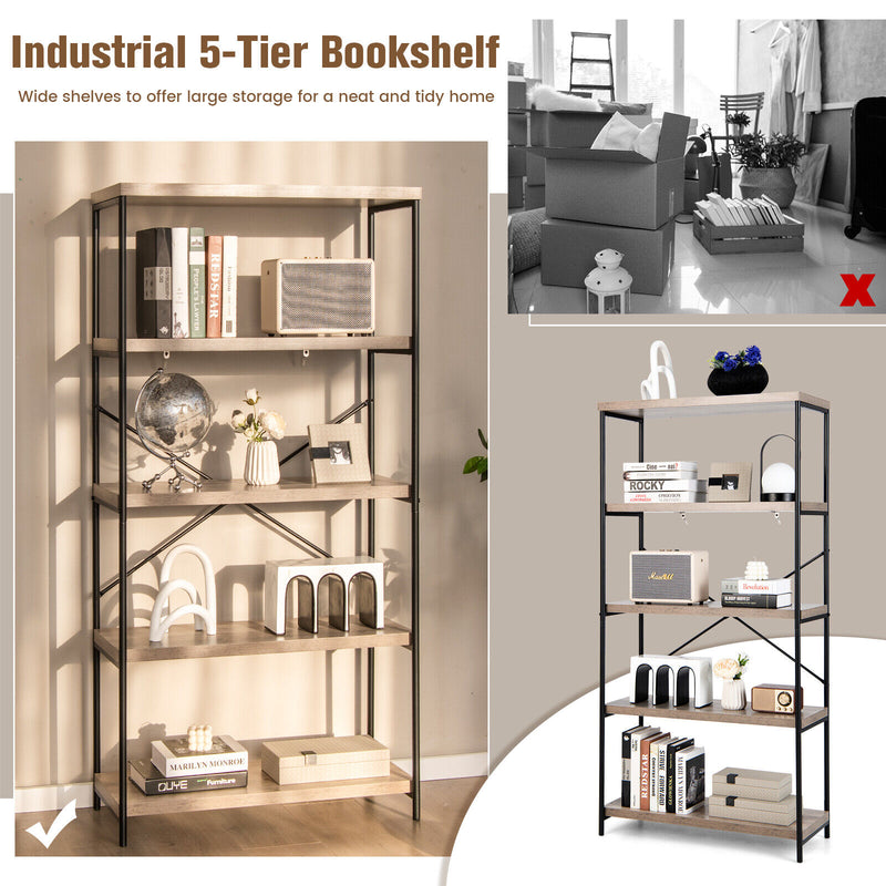 *5-Tier Industrial Bookshelf Display Storage Rack with Metal Frame - Gray