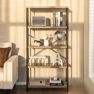 *5-Tier Industrial Bookshelf Display Storage Rack with Metal Frame - Gray