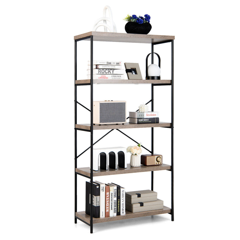 *5-Tier Industrial Bookshelf Display Storage Rack with Metal Frame - Gray