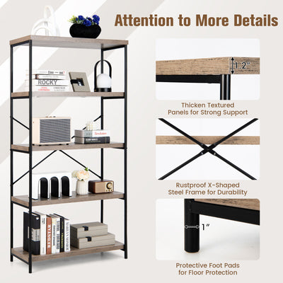 *5-Tier Industrial Bookshelf Display Storage Rack with Metal Frame - Gray