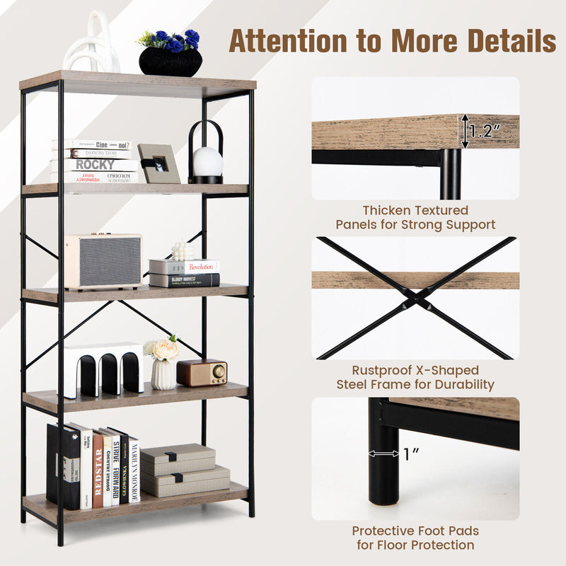 *5-Tier Industrial Bookshelf Display Storage Rack with Metal Frame - Gray