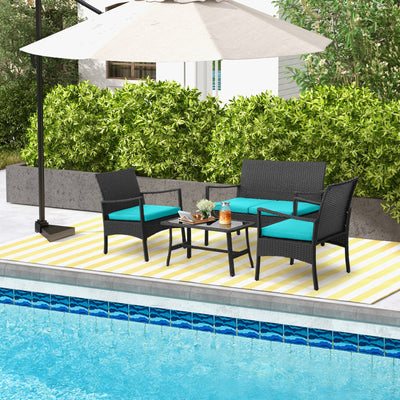 4 Pieces Rattan Conversation Set with Tempered Glass Coffee Table-Turquoise