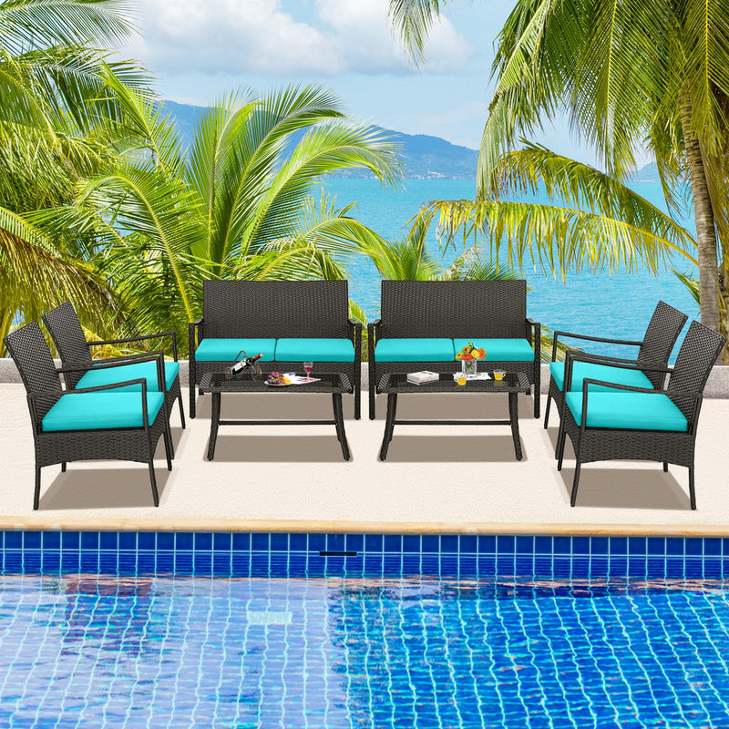 4 Pieces Rattan Conversation Set with Tempered Glass Coffee Table-Turquoise