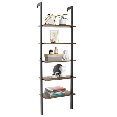 5-Tier Wood Look Ladder Shelf with Metal Frame for Home-Black