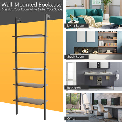 5-Tier Wood Look Ladder Shelf with Metal Frame for Home-Black