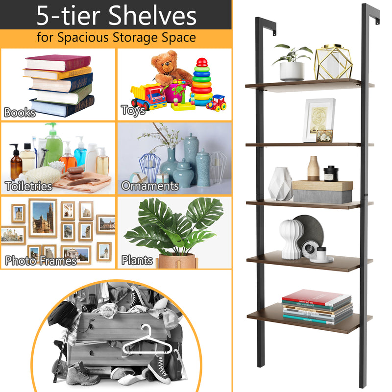 5-Tier Wood Look Ladder Shelf with Metal Frame for Home-Black