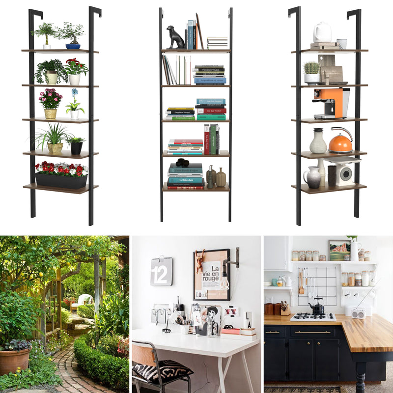 5-Tier Wood Look Ladder Shelf with Metal Frame for Home-Black