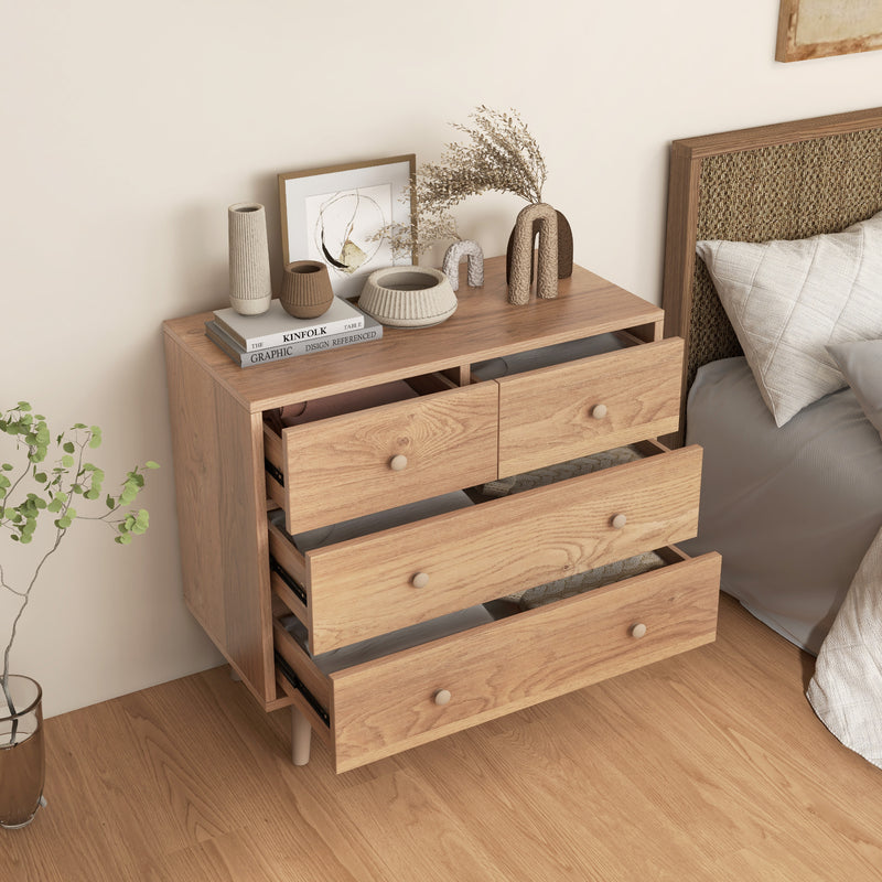 4-Drawer Dresser Cabinet Storage Organizer Rubber Leg with Rail-Oak