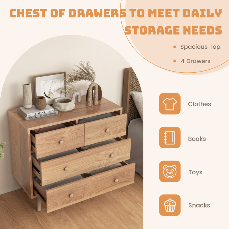 4-Drawer Dresser Cabinet Storage Organizer Rubber Leg with Rail-Oak