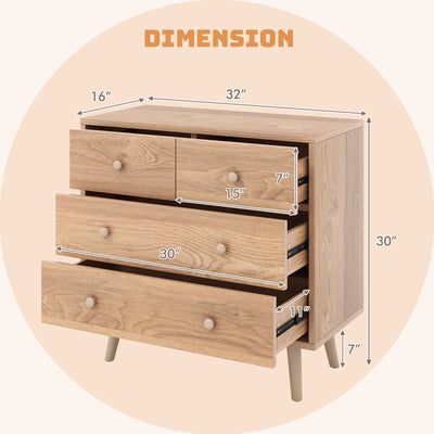 4-Drawer Dresser Cabinet Storage Organizer Rubber Leg with Rail-Oak