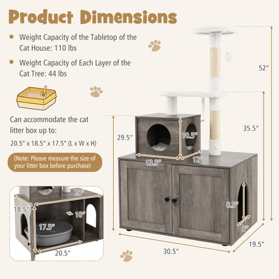 Cat Tree with Litter Box Enclosure with Cat Condo-Gray