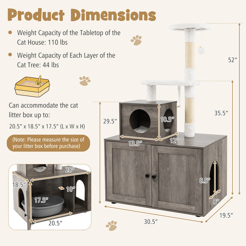 Cat Tree with Litter Box Enclosure with Cat Condo-Gray