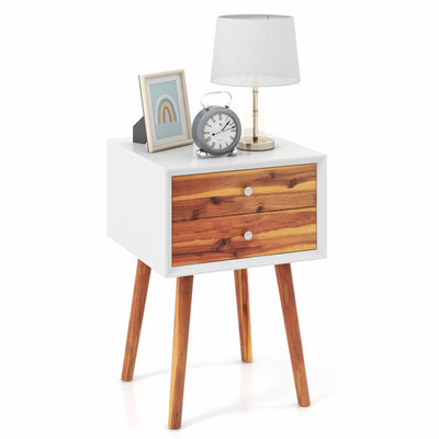 Wooden Nightstand Mid-Century End Side Table with 2 Storage Drawers-Brown