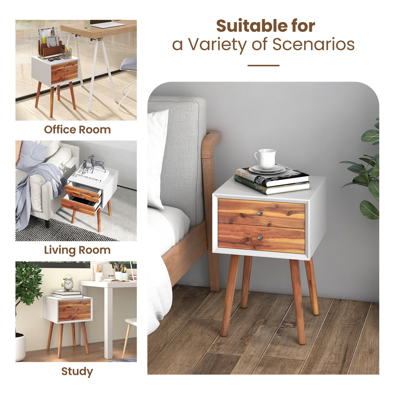 Wooden Nightstand Mid-Century End Side Table with 2 Storage Drawers-Brown