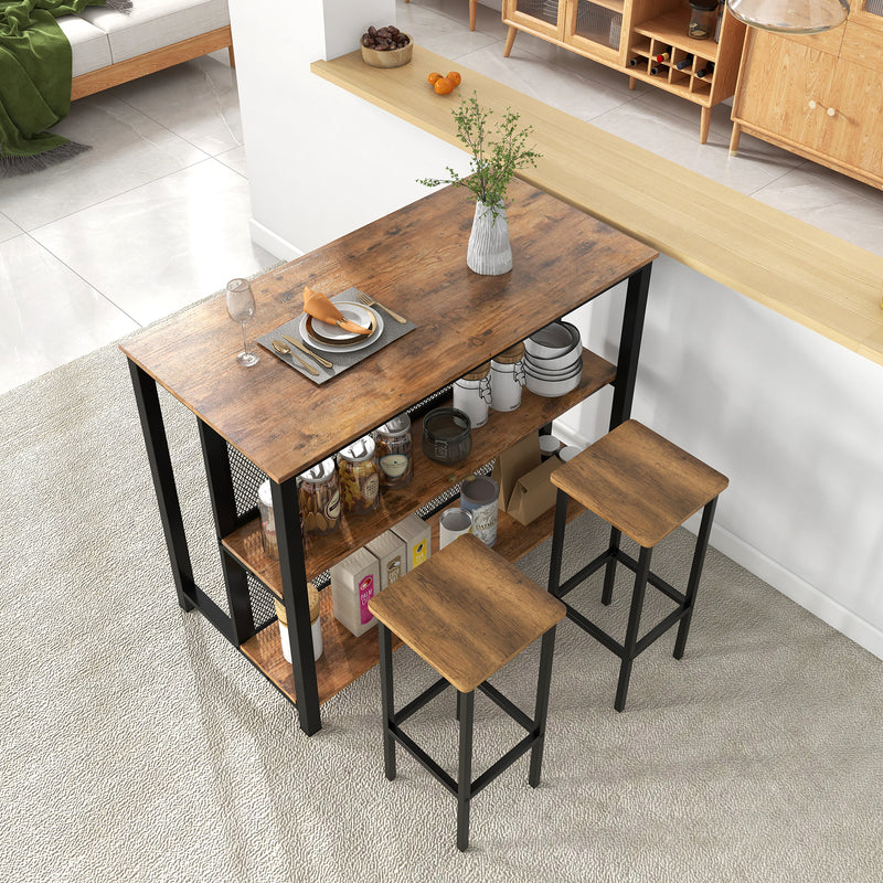 36 Inch 3-Tier Bar Table with Storage Metal Frame Adjustable Foot Pads for Dining Room-Rustic Brown