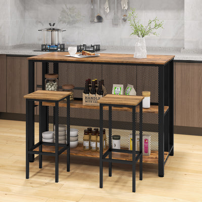 36 Inch 3-Tier Bar Table with Storage Metal Frame Adjustable Foot Pads for Dining Room-Rustic Brown