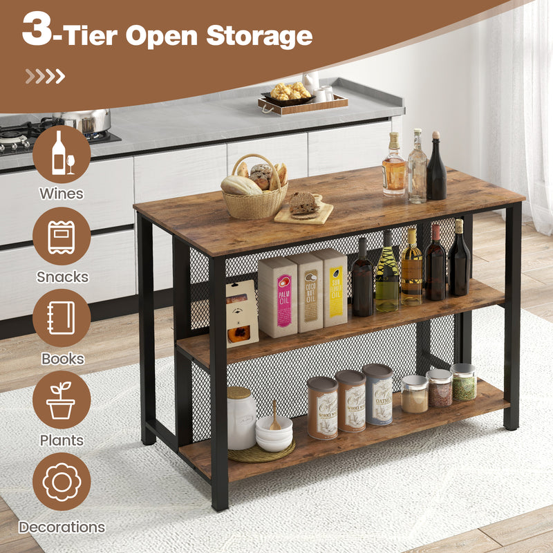 36 Inch 3-Tier Bar Table with Storage Metal Frame Adjustable Foot Pads for Dining Room-Rustic Brown