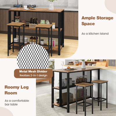 36 Inch 3-Tier Bar Table with Storage Metal Frame Adjustable Foot Pads for Dining Room-Rustic Brown