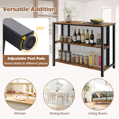 36 Inch 3-Tier Bar Table with Storage Metal Frame Adjustable Foot Pads for Dining Room-Rustic Brown