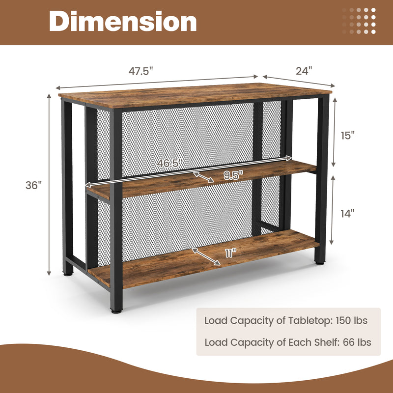 36 Inch 3-Tier Bar Table with Storage Metal Frame Adjustable Foot Pads for Dining Room-Rustic Brown