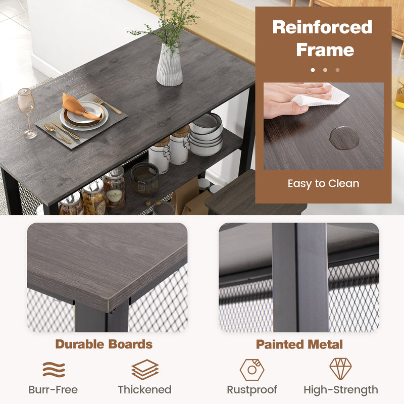 36 Inch 3-Tier Bar Table with Storage Metal Frame Adjustable Foot Pads for Dining Room-Gray