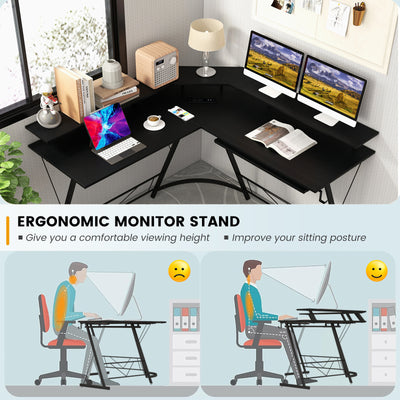 L-shaped Computer Desk with Power Outlet and Monitor Stand-Black