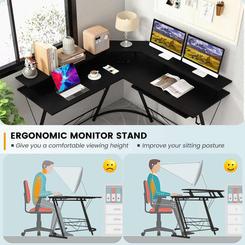 L-shaped Computer Desk with Power Outlet and Monitor Stand-Black