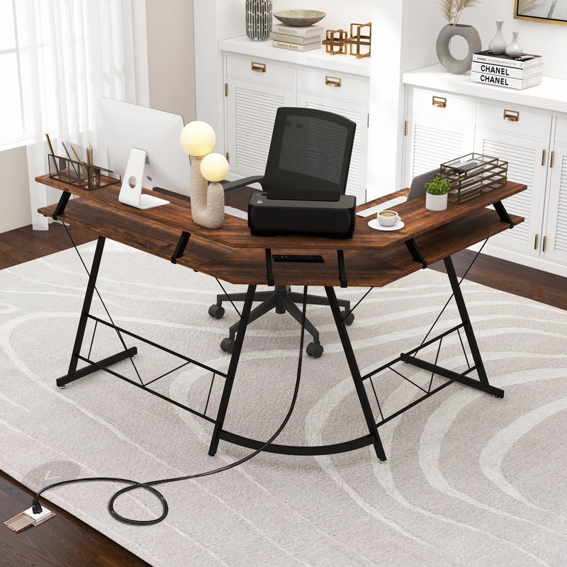 L-shaped Computer Desk with Power Outlet and Monitor Stand-Rustic Brown