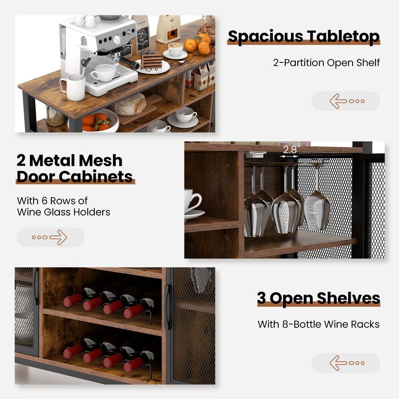 55-Inch Buffet Sideboard with 8-Bottle Wine Racks and Wine Glass Holders-Rustic Brown