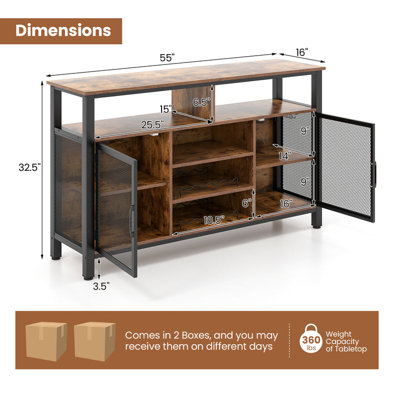 55-Inch Buffet Sideboard with 8-Bottle Wine Racks and Wine Glass Holders-Rustic Brown