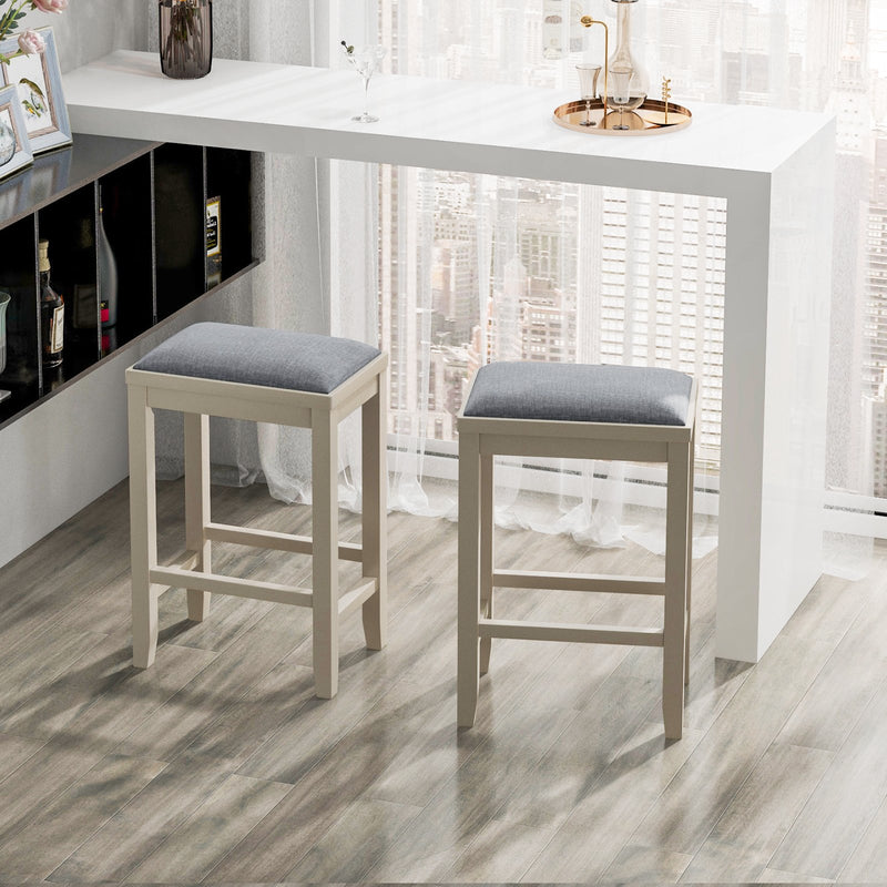 2 Pieces 25 Inch Upholstered Bar Stool Set with Solid Rubber Wood Frame and Footrest-Griege