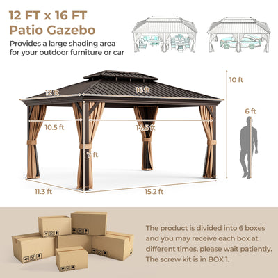 *12' x 16' Double-Roof Hardtop Gazebo with Galvanized Steel Roof - Coffee